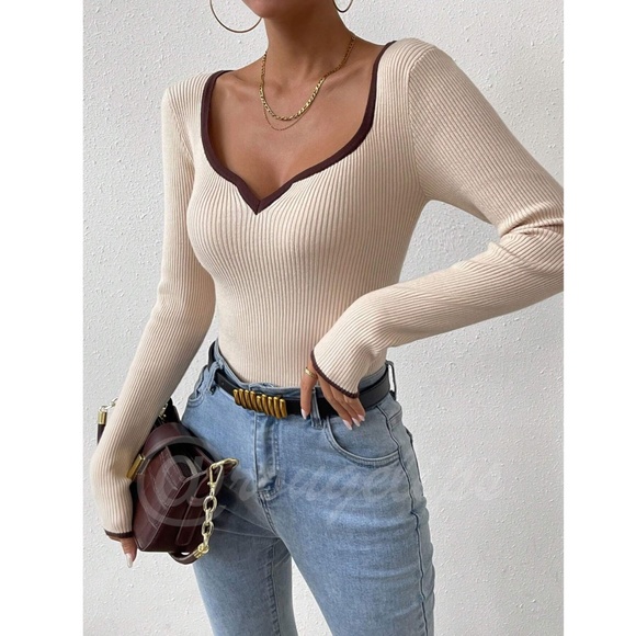 Beige Rib Knit Sweetheart Neck Contrast Brown Trim - Picture 4 of 10